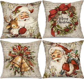 DFXSZ Christmas Pillow Covers 18x18 inch Set of 4 Santa Claus Reindeer Decorative Vintage Throw Pillow Covers Winter Retro Farmhouse Decoration f DFXSZ Christmas Pillow Covers 18x18 inch Set of 4 Santa Claus Reindeer Decorative Vintage Throw Pillow Covers Winter Retro Farmhouse Decoration f